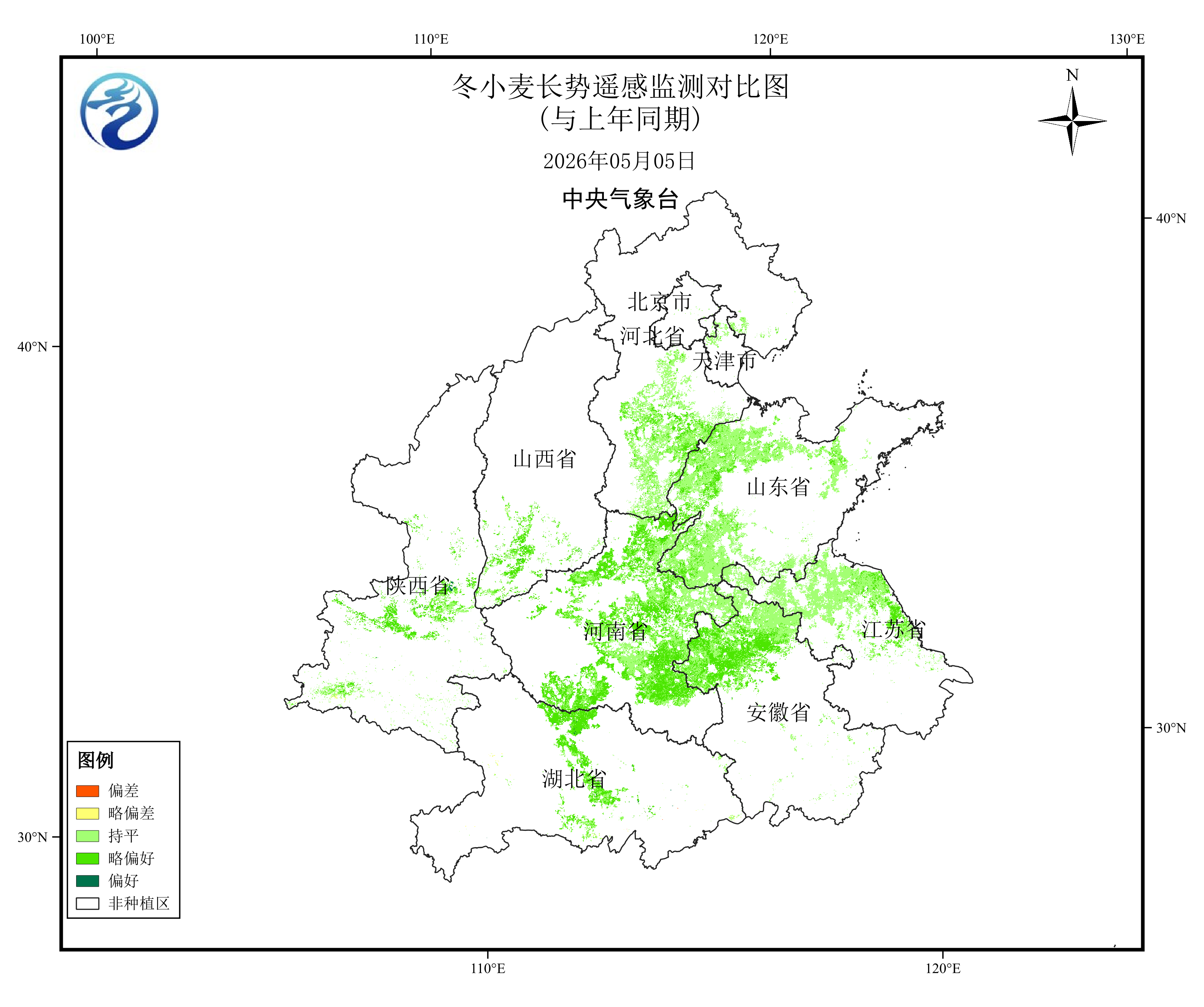 图1&nbsp; 2026年5月5日冬小麦主产省长势遥感监测