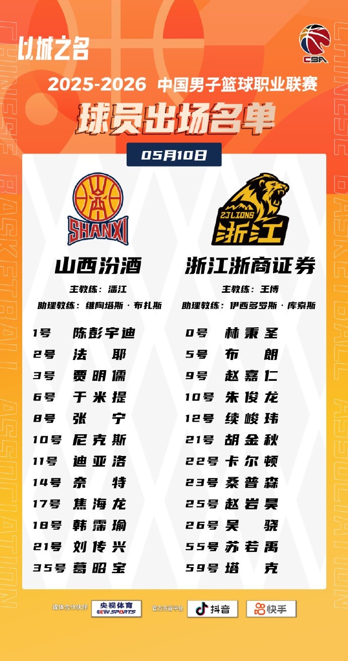 山西VS广厦G2大名单：双方人员皆与G1一致 孙铭徽依旧缺席