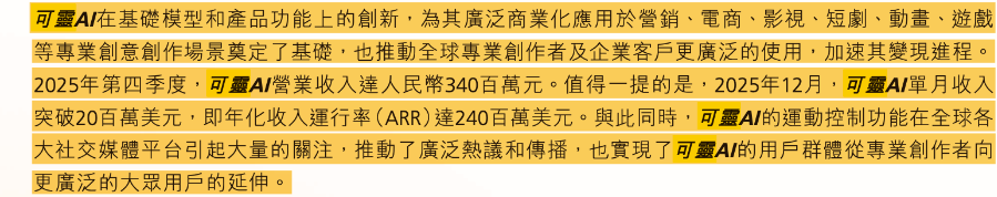 在2025年，可灵AI的年化收入达到2.4亿美元。数据来源：快手年报