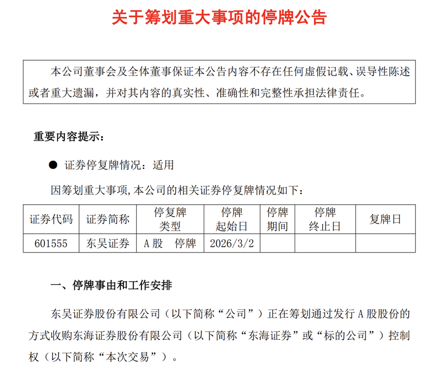 停牌公告，来源：东吴证券官网