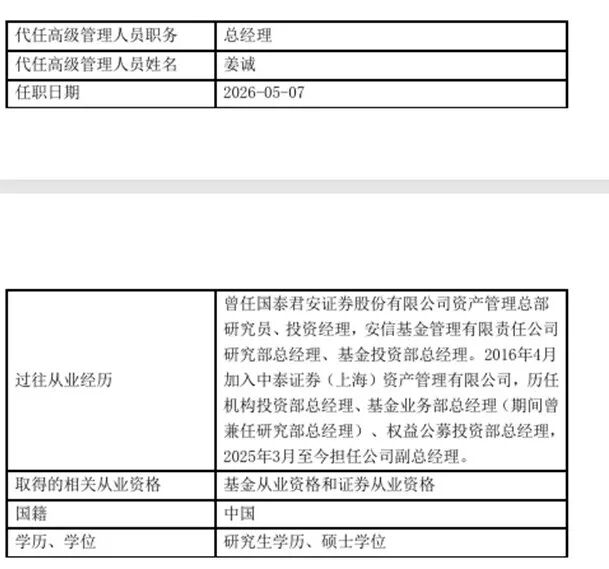 来源：中泰证券（上海）资产管理有限公司高级管理人员变更公告