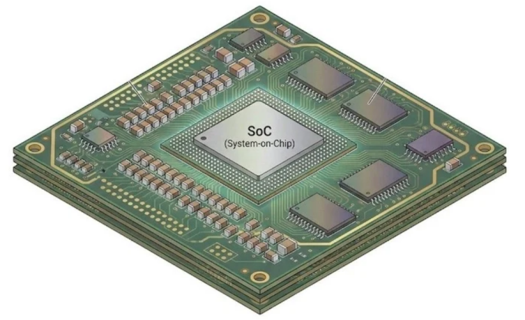 图 1：SoC 芯片贴装在 PCB 板上的示意图，呈现高密度 SMT 组装场景。