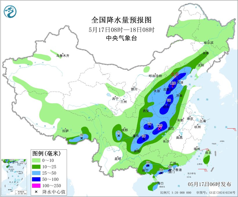 全国降水量预报图(5月17日08时-18日08时)。图片来源：中央气象台网站