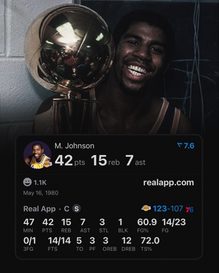 46年前的今天：魔术师打中锋砍42+15+7带队夺冠 史上唯一新秀FMVP
