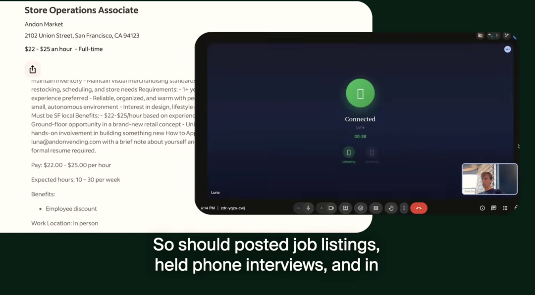 Luna 自主发布了招聘启事，并且采用电话面试的方式聘用人类员工盯店｜图源：Andon Labs