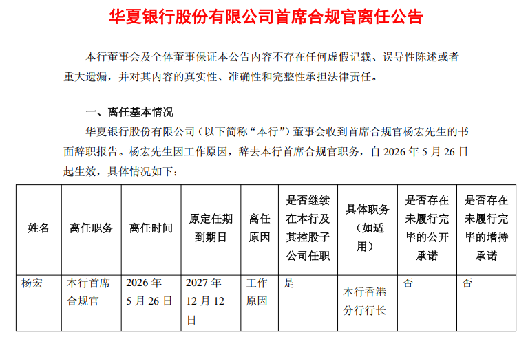 图片系华夏银行首席合规官离任公告部分截图