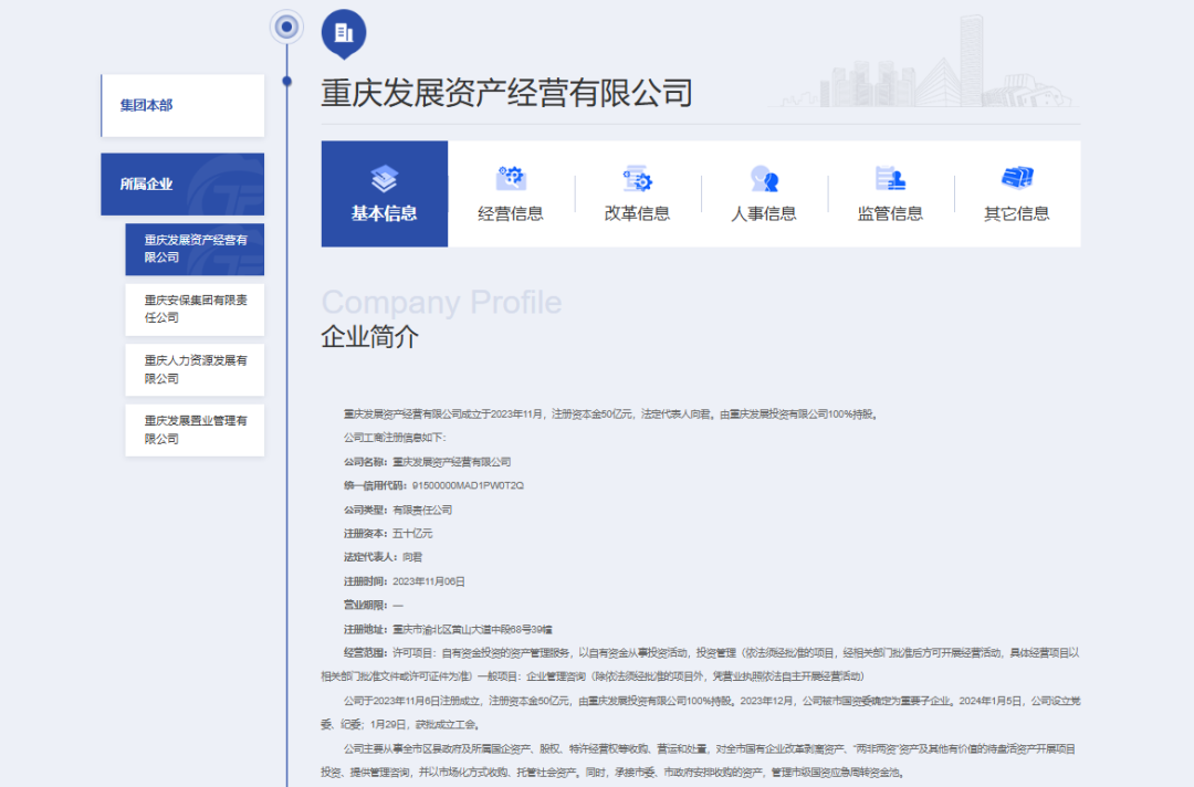 图片系重庆发展资产经营有限公司基本情况；资料来源：公司官网