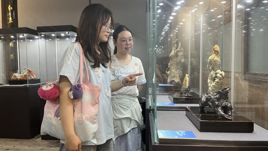   市民游客在“闽艺星光”展厅里欣赏寿山石雕作品。新华网发（福建省海峡民间艺术馆供图）