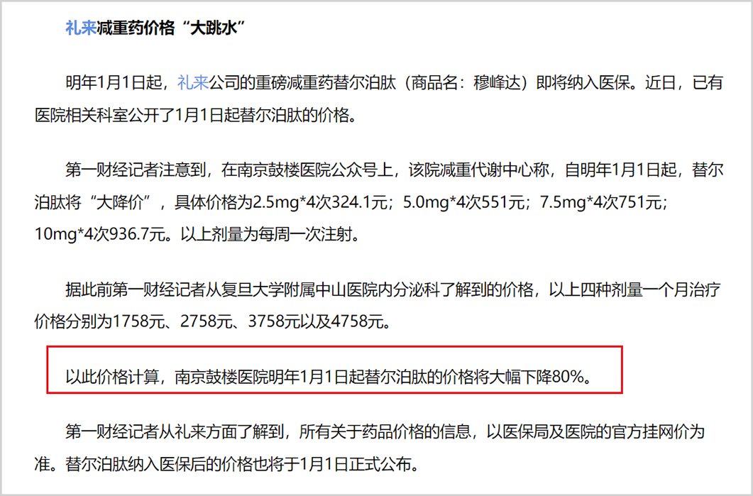 ▲减肥药降价信息，来源：东方财富网