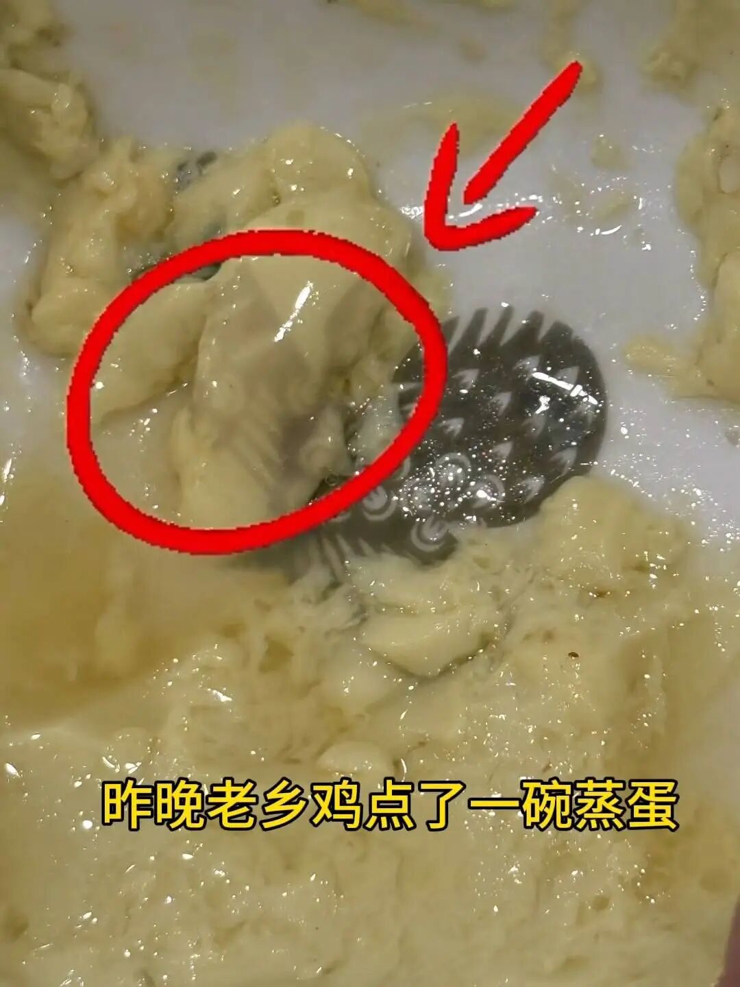 网友在社交平台反映，其在上海徐汇区“老乡鸡”漕河泾园区店就餐时，发现餐具底部花纹疑似掉色，印记沾染到蒸蛋上。视频截图