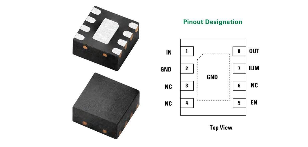 图3：一颗采用紧凑型DFN2x2_8L封装的LS0505EVD22L eFuse及其引脚配置图