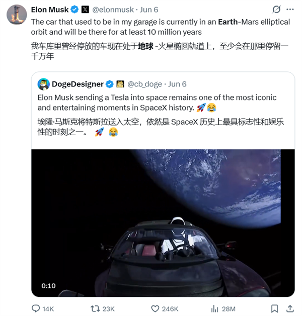 马斯克：我原来那辆特斯拉目前正在地球火星之间飞行 至少还要飞1000万年