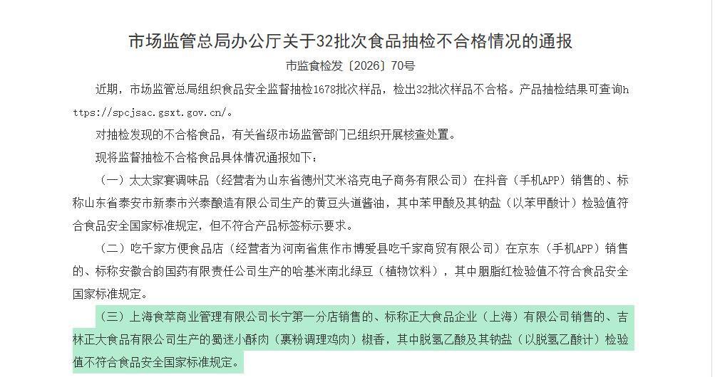 正大“蜀迷小酥肉”被检出禁用防腐剂 成都市场未见问题批次 企业暂未回应