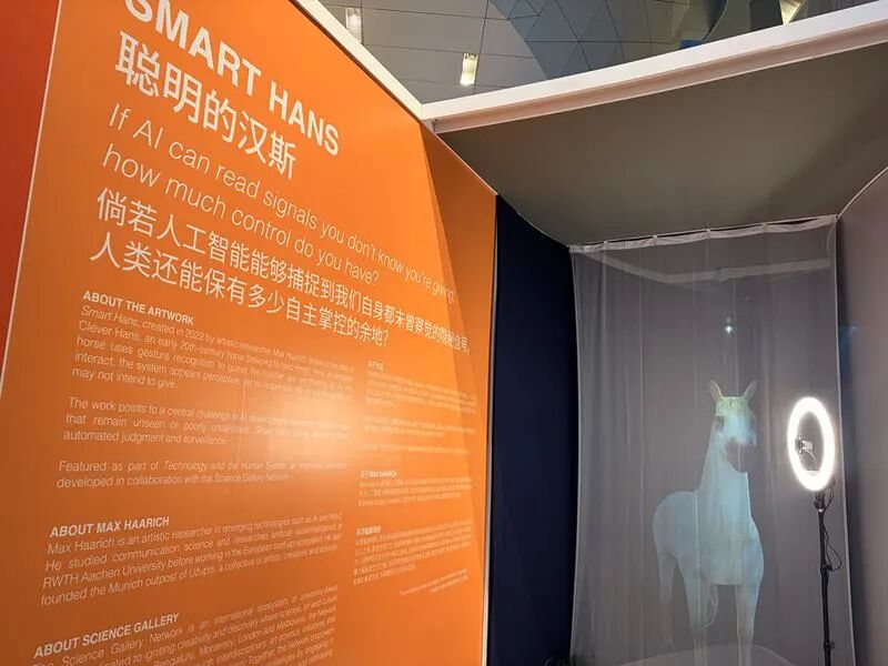 “聪明的汉斯”是一匹由电脑驱动的仿生白马。新京报贝壳财经记者 林子 摄