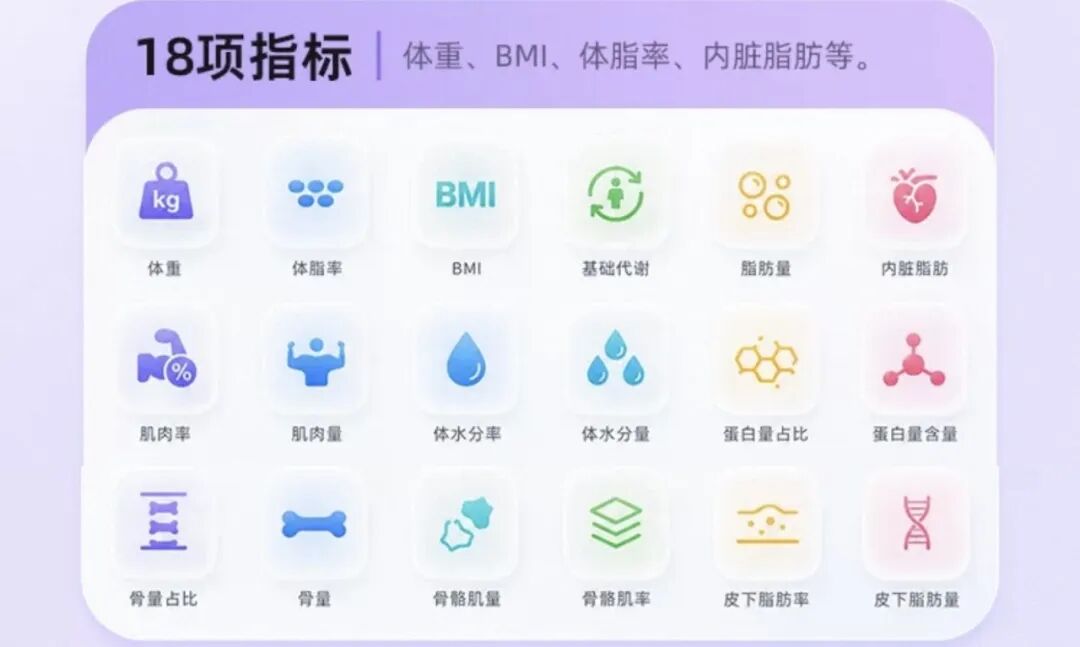 ▲蚂蚁阿福体脂秤可以测量的18项指标（图源：淘宝）