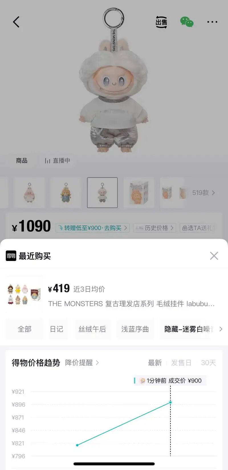 ▲6月25日晚，LABUBU新系列隐藏款“迷雾白噪音”还是出现了溢价的情况。得物App截图。