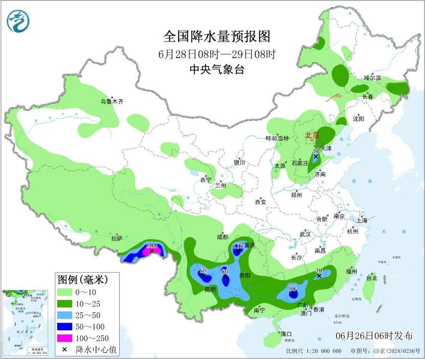 图3 全国降水量预报图（6月28日08时-29日08时）
