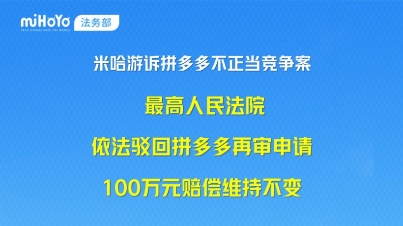 最高法驳回拼多多再审申请 米哈游胜诉维持赔偿