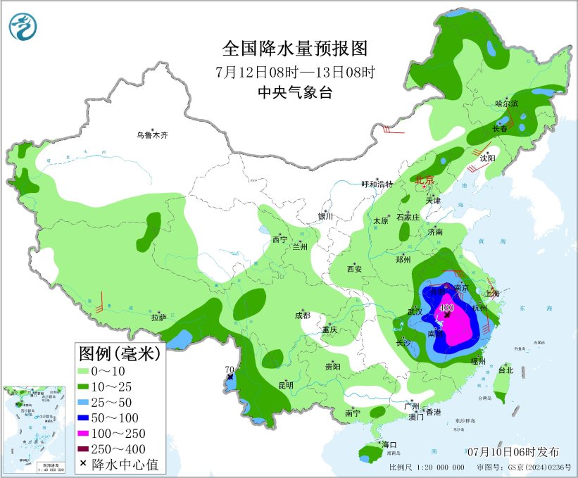 图6 全国降水量预报图（7月12日08时-13日08时）