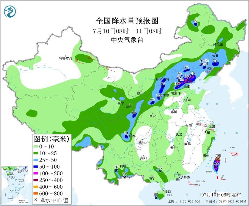 图4 全国降水量预报图（7月10日08时-11日08时）