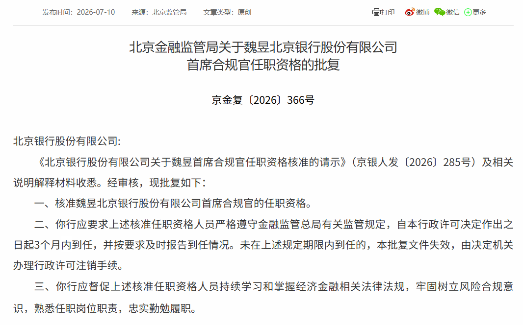 完善合规版图！魏昱获批北京银行首席合规官、兼备风控和业务背景