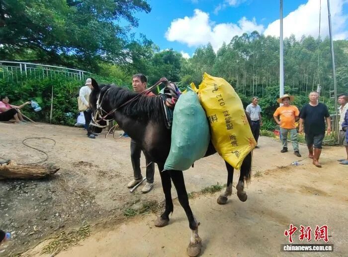 7月11日，在广西南宁横州市镇龙乡六昌村，新疆“骏马义工”为交通不便的深山村落运送应急物资。中新网记者 黄艳梅 摄