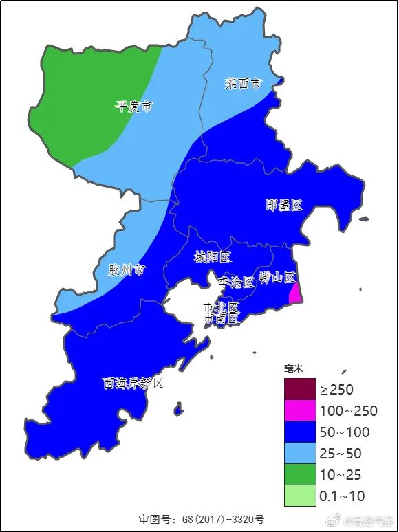 7月13日12时至14日12时青岛全市降雨量预报图