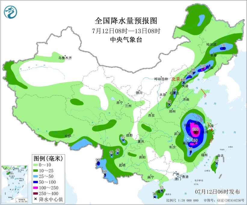 图4 全国降水量预报图（7月12日08时-13日08时）