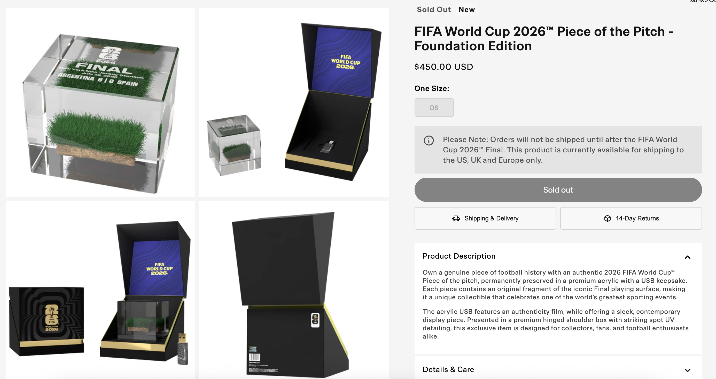 决赛草皮纪念品最低售价450美元/块，图源：FIFA官网