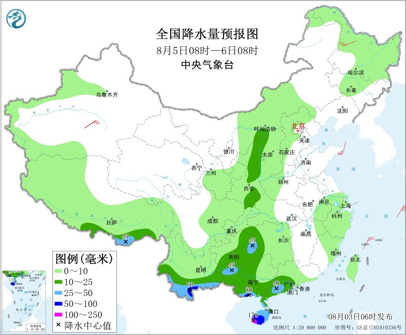 图5 全国降水量预报图（8月5日08时-6日08时）