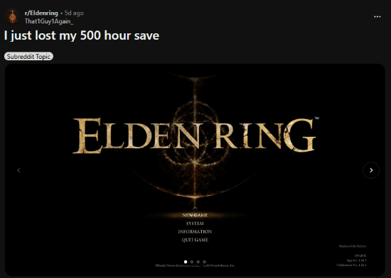Архив игры Elden Ring с 553 часами геймплея внезапно уничтожен, игрок потерял все достижения