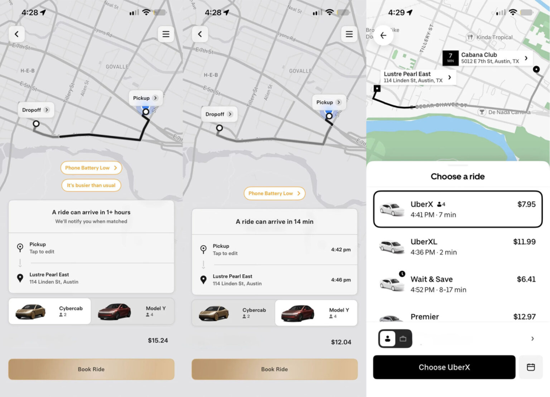 △左、中、右分别为Cybercab、Model Y、Uber,图片来源:Reddit用户u/tmmoo