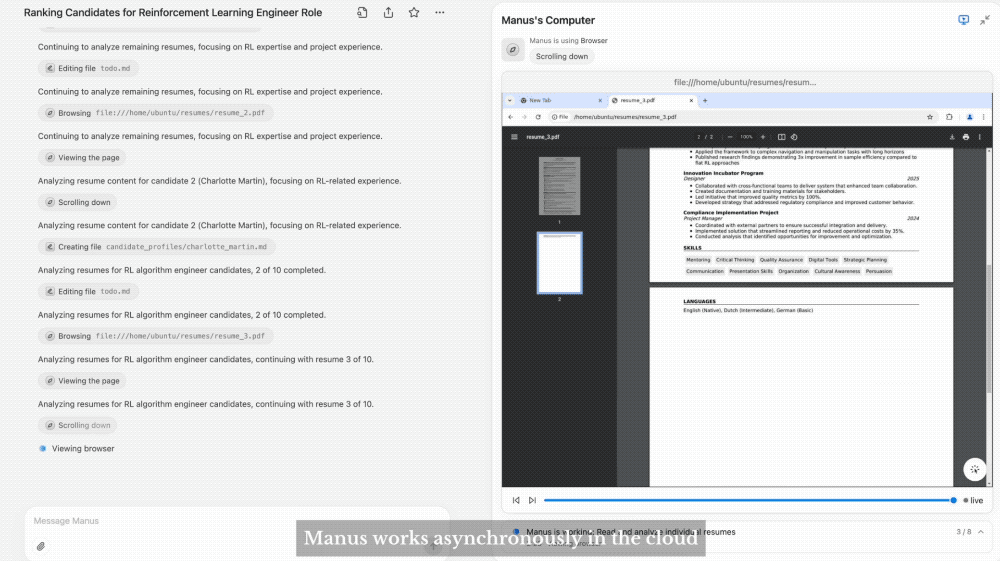 ▲Manus的智能体自主操作电脑演示（图源：Manus）