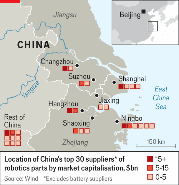 中国机器人零部件供应商城市分布图。来自《经济学人》