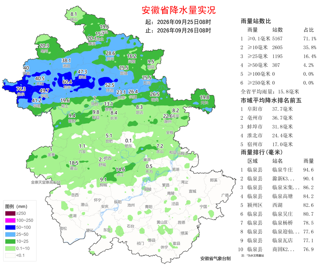 图1 25日08时-26日08时全省降水量实况