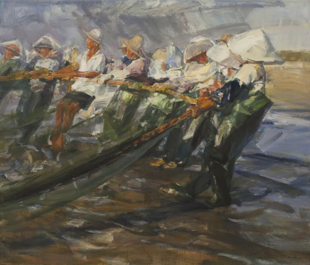 张西《拉网歌》油画 175×200cm