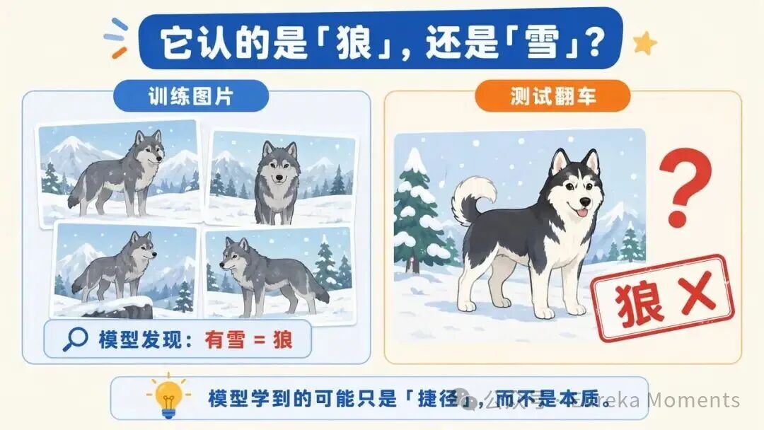 图 3 ｜ 模型没有学会“狼长什么样”，而是学会了“有没有雪”。