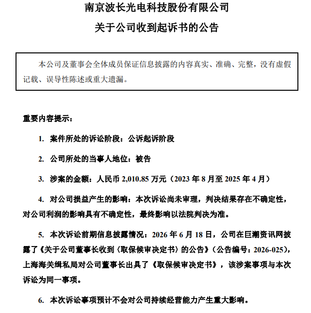 波长光电公司及董事长被公诉