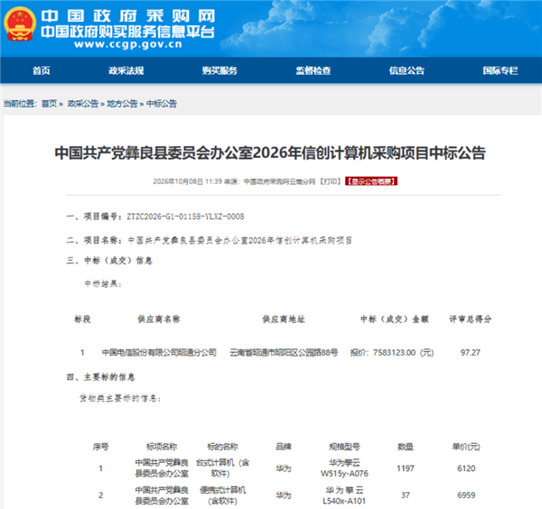 758万大单落地！华为擎云中标1234台信创电脑：麒麟芯片+国产系统