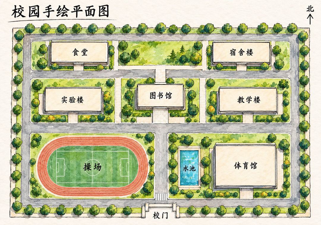 校园手绘平面图和建筑物尺寸数据表