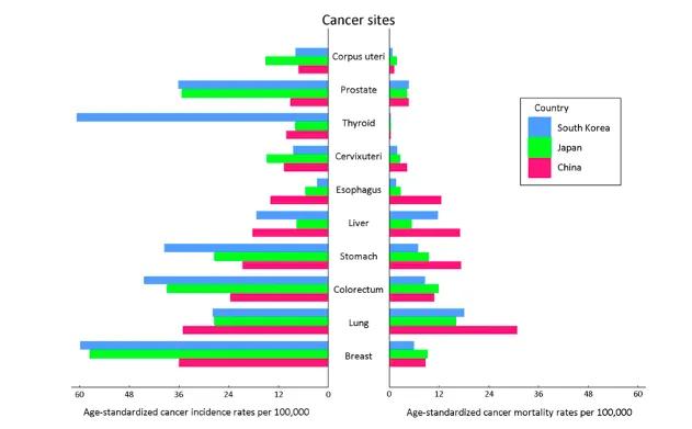 2018 年中国、日本、韩国部分肿瘤的年龄标准化发病率和死亡率