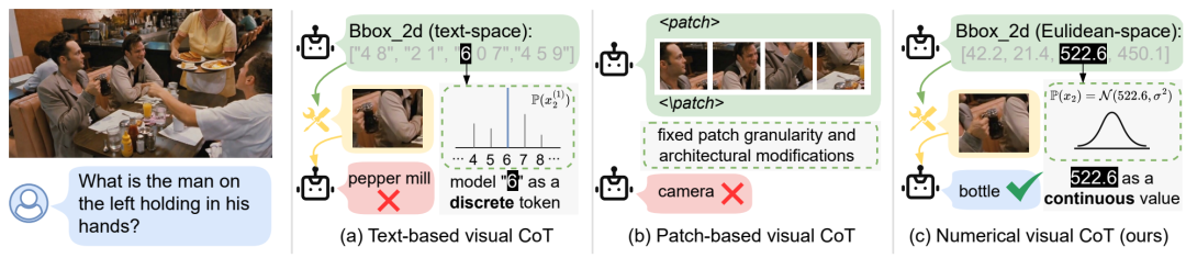 图 1  三种区域选择方式：文本坐标、固定 patch，以及 NV-CoT 的连续数值坐标。