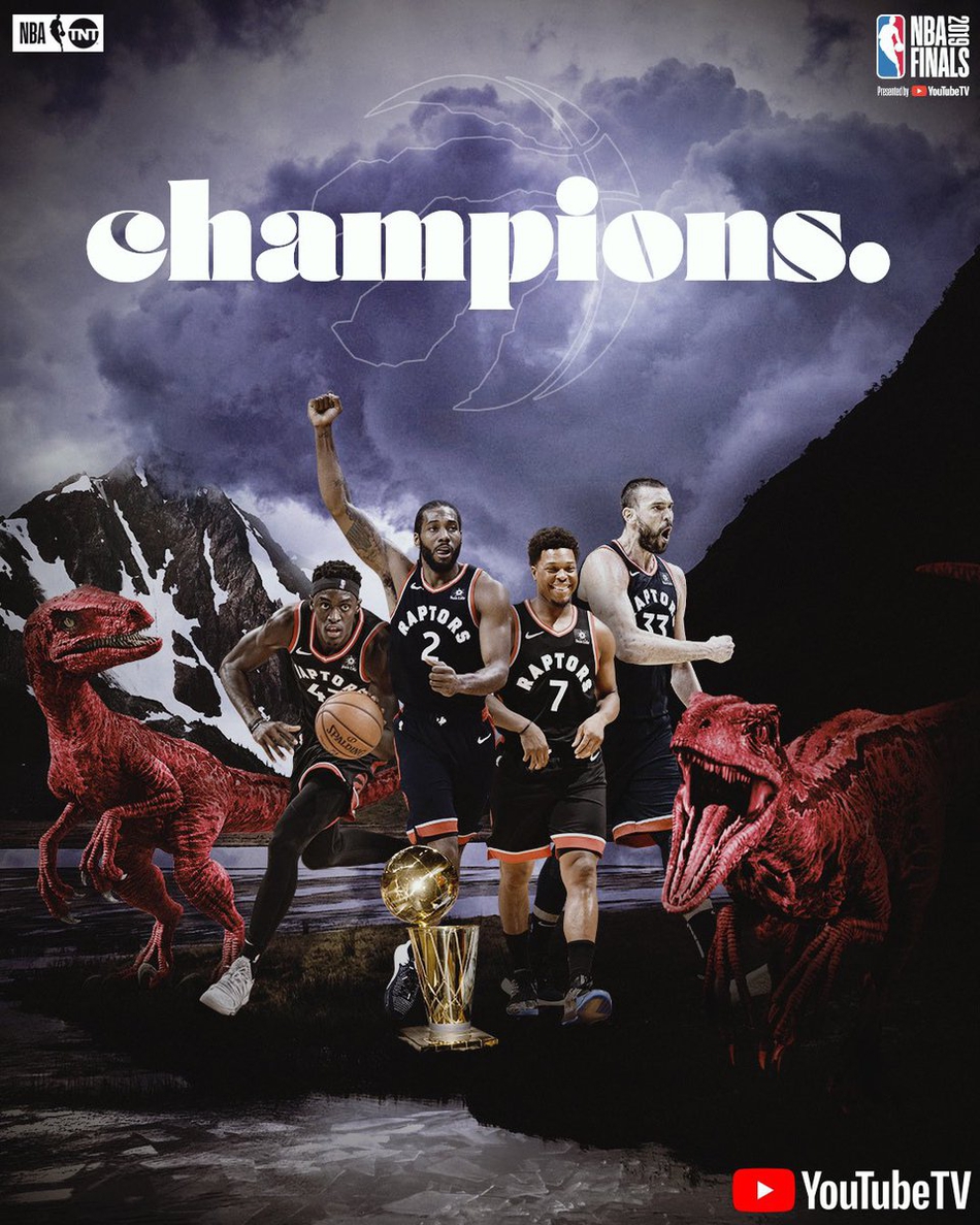 美媒海报致敬猛龙队史第一冠！小卡登基Drake手捧奖杯