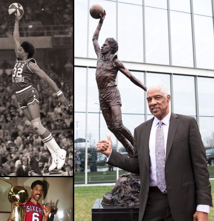 J博士和自己的雕像合影