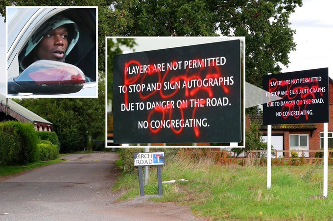 曼联门口被涂“博格巴滚蛋” 血红色大字太扎眼