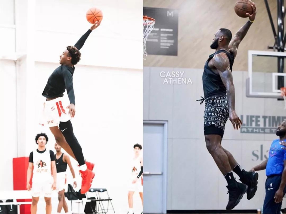 单臂暴扣！詹姆斯与大儿子这一动作，谁的更帅？