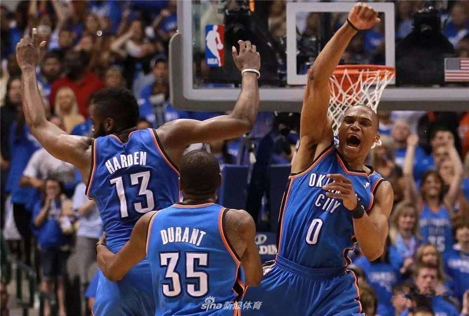 3.俄克拉荷马城雷霆：拉塞尔-威斯布鲁克、凯文-杜兰特、詹姆斯-哈登、塞尔吉-伊巴卡