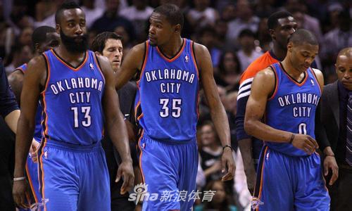 3.俄克拉荷马城雷霆：拉塞尔-威斯布鲁克、凯文-杜兰特、詹姆斯-哈登、塞尔吉-伊巴卡