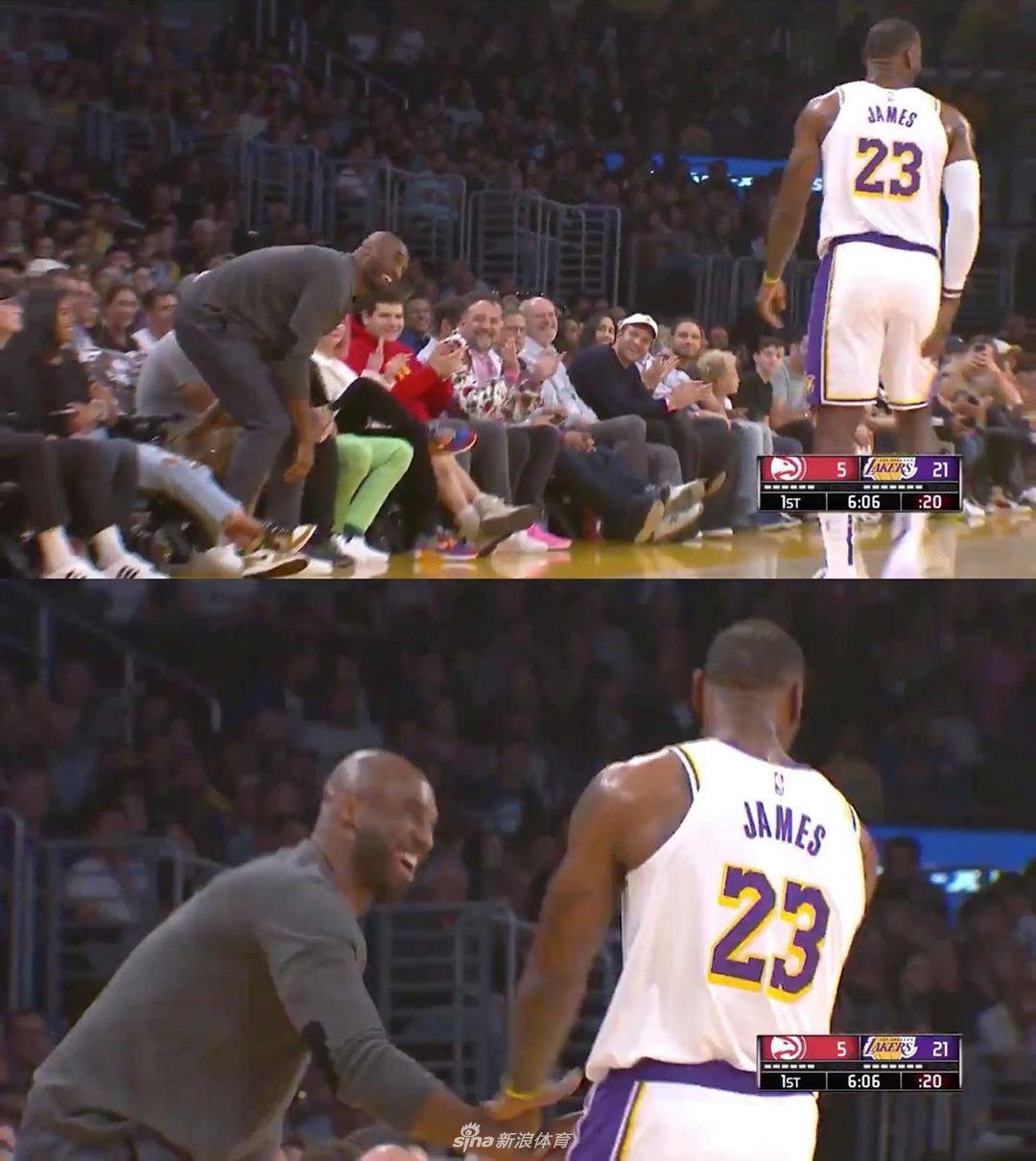 科比现场观战湖人！跟詹姆斯世纪性握手，和魔兽拥抱！
