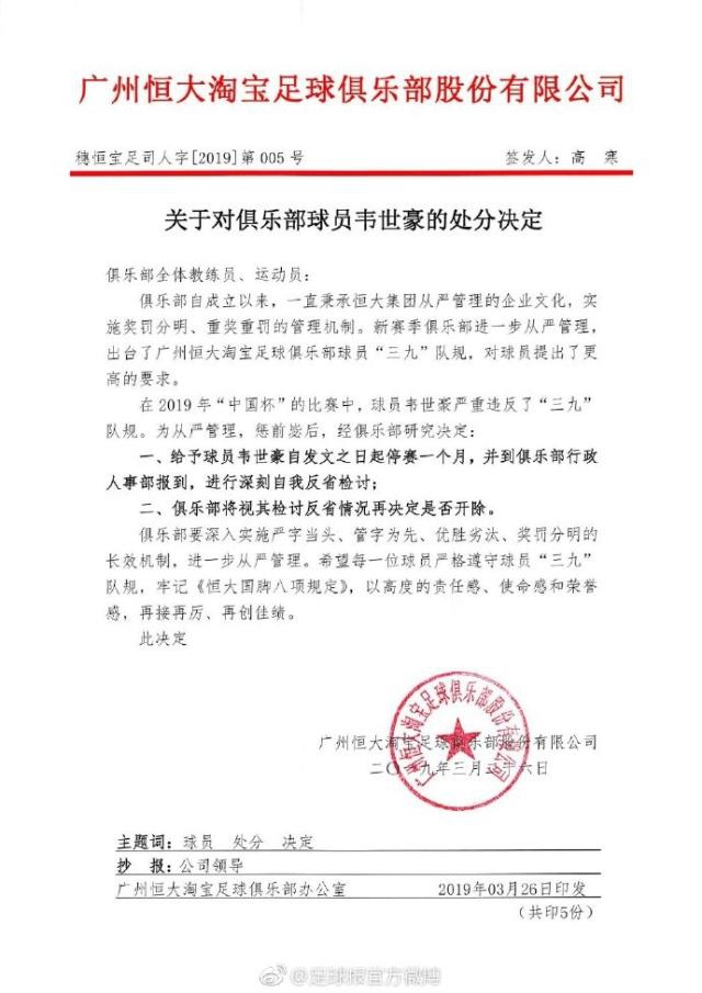 恒大处罚韦世豪
